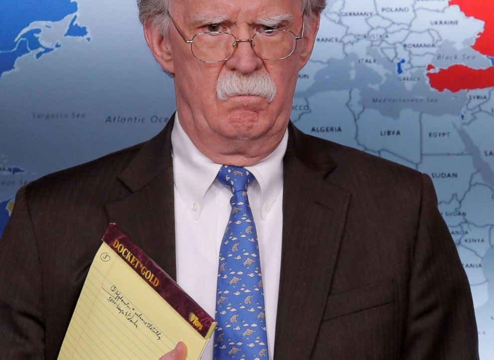 PHOTO: U.S. National Security Adviser John Bolton as he waits to address reporters in Washington, D.C., Jan 28, 2019.