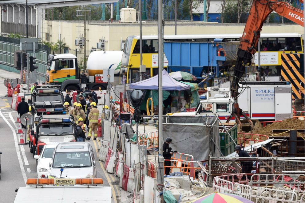 PHOTO: Police staff blockade the site where a 1,000 pound World War II bomb was unearthed in Wanchai District, Jan. 27, 2018, in Hong Kong. 