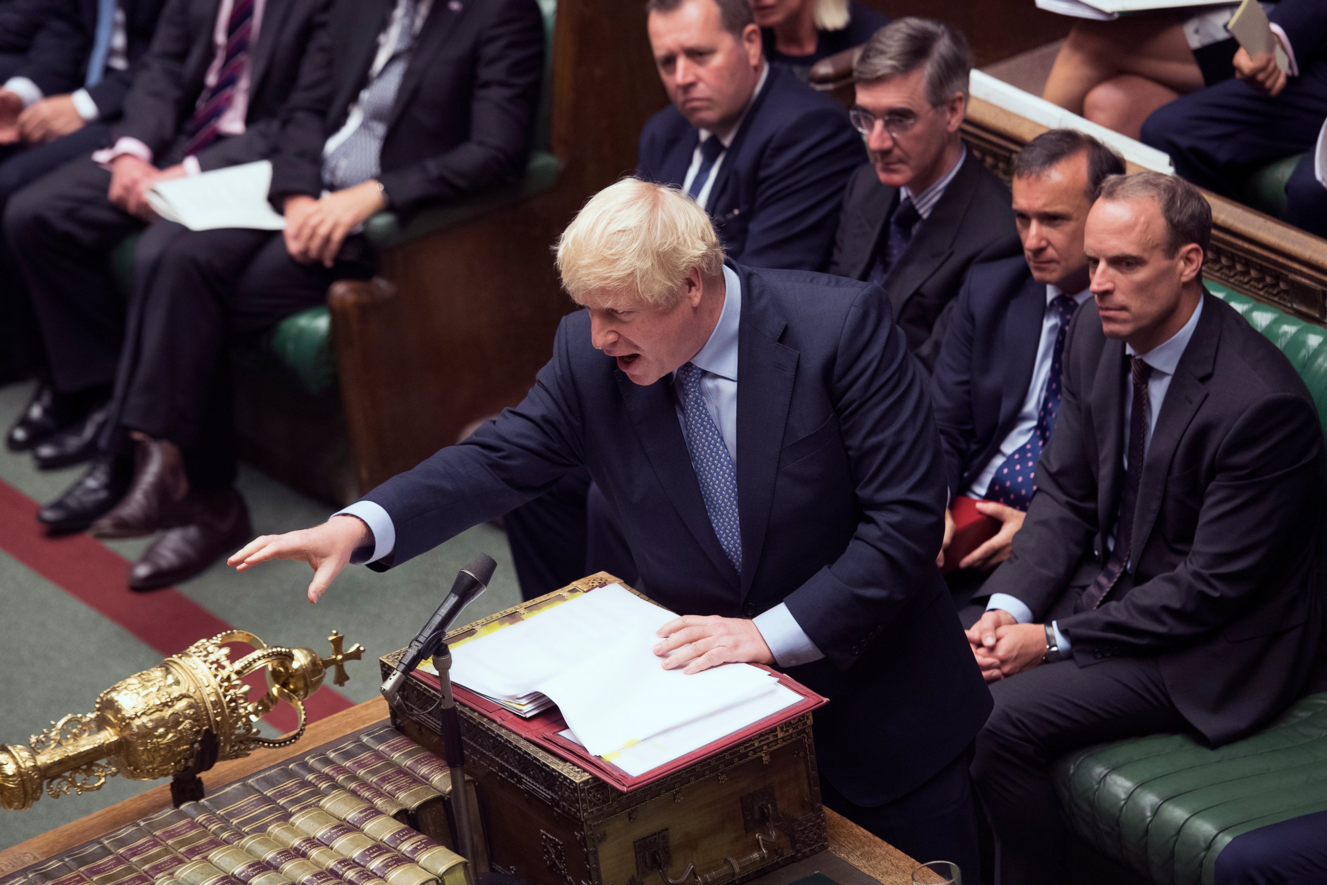 PHOTO: In this handout photo provided by the House of Commons, Britain's Prime Minister Boris Johnson gestures during his first Prime Minister's Questions, in the House of Commons in London, Wednesday, Sept. 4, 2019.