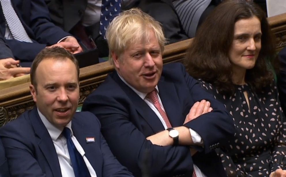 PHOTO: Britain's Prime Minister Boris Johnson reacts after his Government won the vote on the third reading of the European Union (Withdrawal Agreement) Bill, in the House of Commons, Jan. 9, 2010.