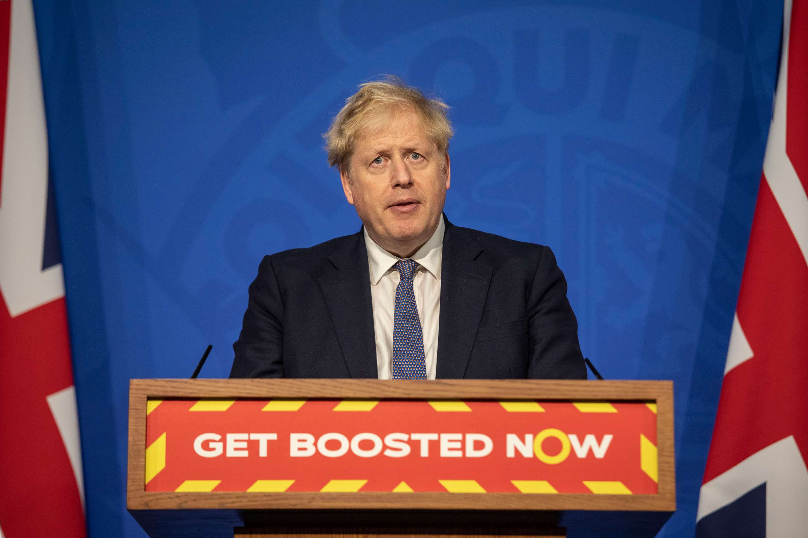 PHOTO: Britain's Prime Minister Boris Johnson, during a COVID-19 briefing at Downing Street on Jan. 4, 2022, in London.