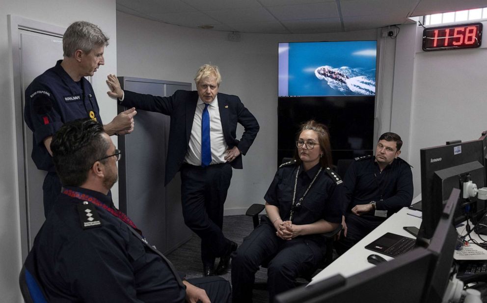 PHOTO: Britain's Prime Minister Boris Johnson visits the command room at the Maritime Rescue Coordination Centre in Dover, England, April 14, 2022.