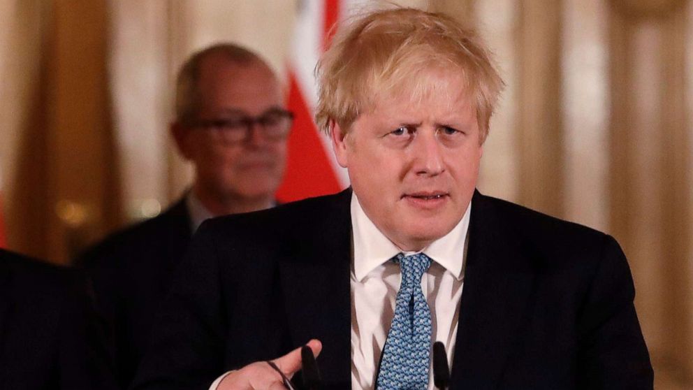 PHOTO: Britain's Prime Minister Boris Johnson speaks at a press briefing about the ongoing situation with the COVID-19 coronavirus outbreak, inside 10 Downing Street in London, March 17, 2020.