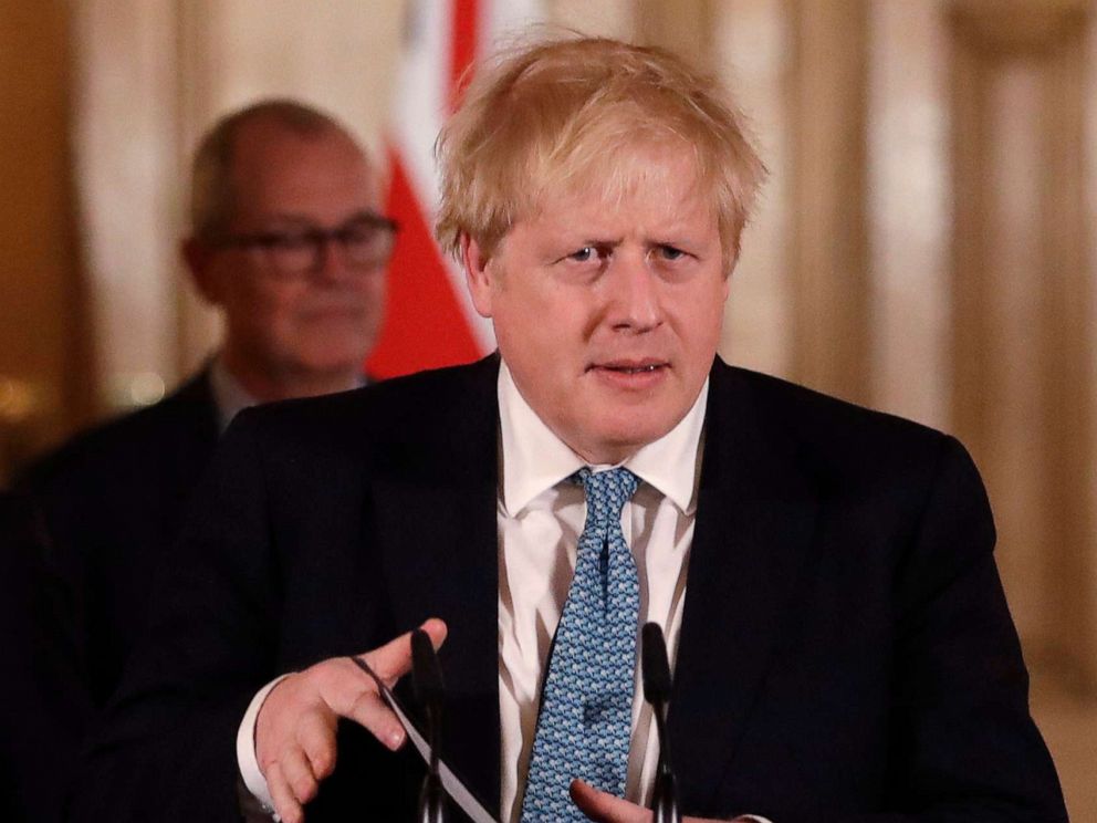 PHOTO: Britain's Prime Minister Boris Johnson speaks at a press briefing about the ongoing situation with the COVID-19 coronavirus outbreak, inside 10 Downing Street in London, March 17, 2020.
