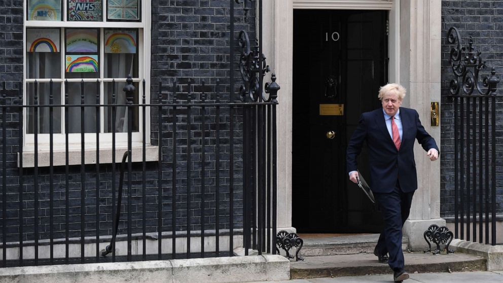 PHOTO: U.K. Prime Minister Boris Johnson leaves 10 Downing Street in London before making a speech as he returns to work following his recovery from COVID-19 on April 27, 2020.