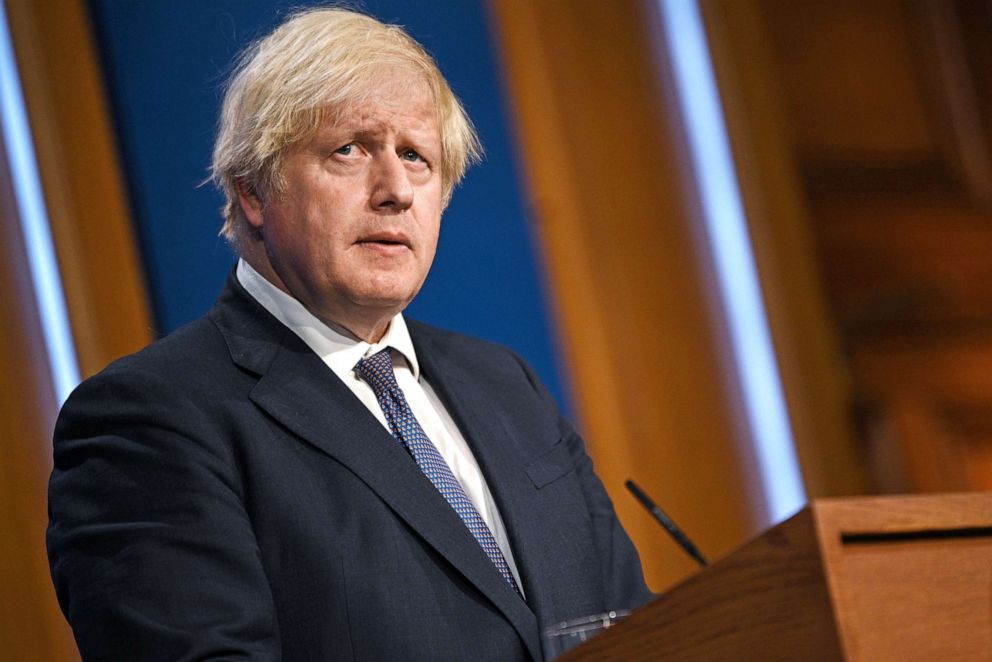 PHOTO:Britain's Prime Minister Boris Johnson gives an update on relaxing restrictions imposed on the country during the COVID-19 pandemic inside the Downing Street Briefing Room in London, July 12, 2021.