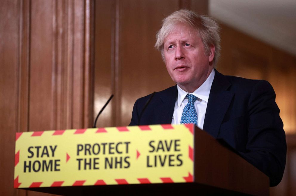 PHOTO: Britain's Prime Minister Boris Johnson speaks during a news conference in response to the ongoing situation with the coronavirus pandemic, inside 10 Downing Street in London, Tuesday, Jan. 5, 2021.