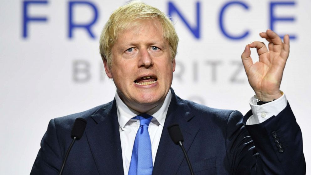 PHOTO: UK Prime Minister Boris Johnson during a press conference in the Bellevue hotel conference room at the conclusion of the G-7 summit on Aug. 24, 2019, in Biarritz, France.
