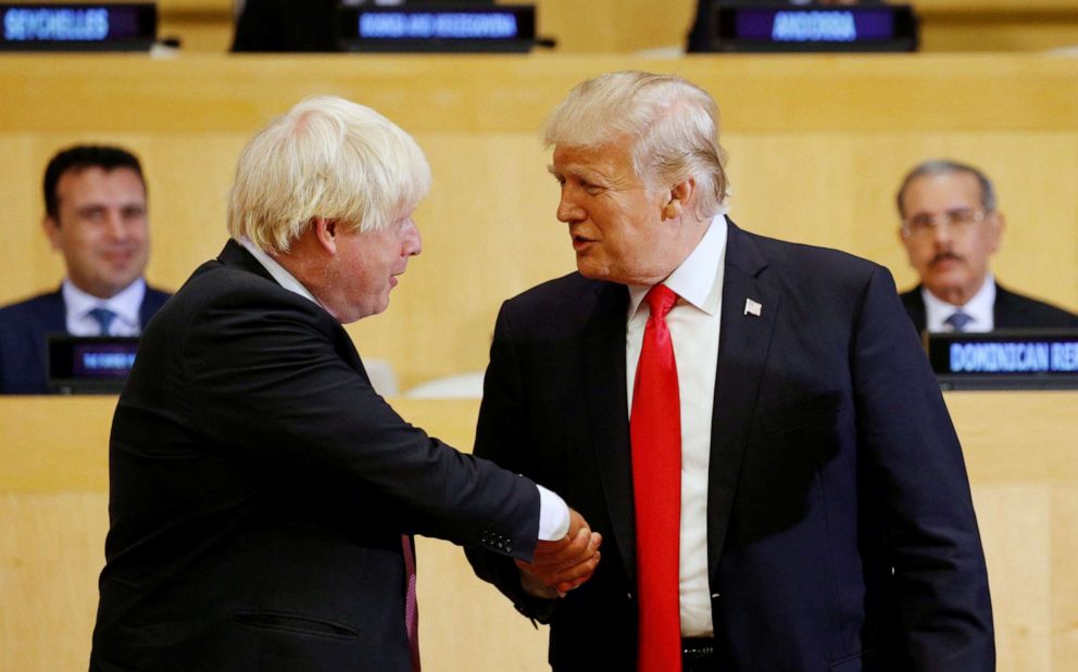 PHOTO: British Foreign Secretary Boris Johnson and President Donald Trump shake hands with each other at The United Nations at U.N. Headquarters in New York, Sept. 18, 2017.