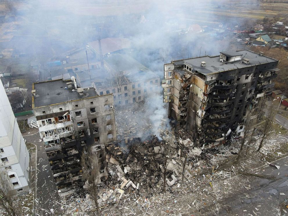 PHOTO: An aerial view shows a residential building destroyed by shelling, as Russia's invasion of Ukraine continues, in the settlement of Borodyanka in the Kyiv region, Ukraine, March 3, 2022.