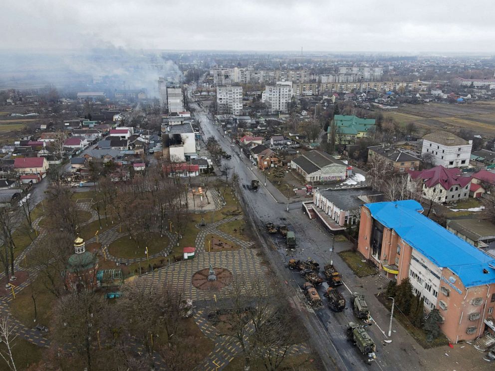 PHOTO: Destroyed Russian military vehicles are seen on a street in the settlement of Borodyanka, as Russia's invasion of Ukraine continues, in the Kyiv region, Ukraine March 3, 2022.