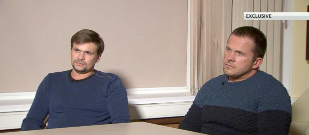 PHOTO: Two Russian men the UK has accused of poisoning a former Russian spy in England, Ruslan Boshirov and Alexander Petrov, appeared in an interview with Kremlin-backed RT on Sep. 13, 2018. Boshirov and Petrov denied the allegations.