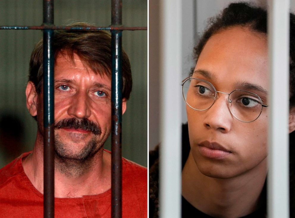 PHOTO: Viktor Bout, left, a suspected Russian arms dealer at the criminal court in Bangkok, on Aug. 20, 2010 and WNBA star and two-time Olympic gold medalist Brittney Griner, right, in a court room prior to a hearing, in Khimki, Russia, on July 27, 2022.