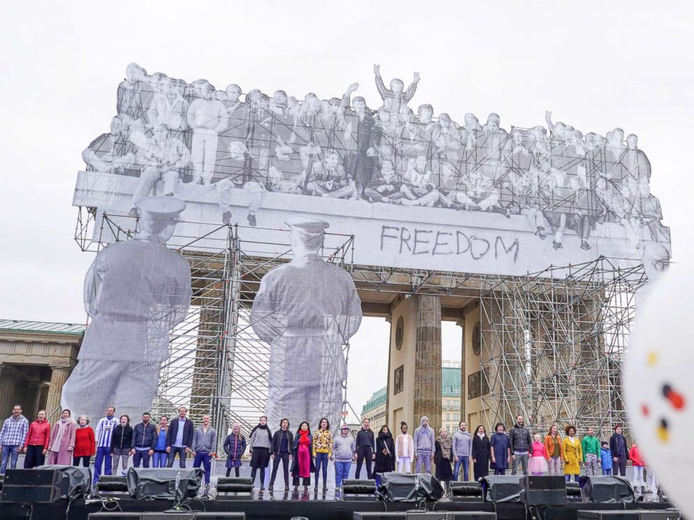 PHOTO: Numerous actors rehearse the play Basic Law on the main stage at the Brandenburg Gate during the celebrations of the Day of German Unity, Oct. 2, 2018, in Berlin.