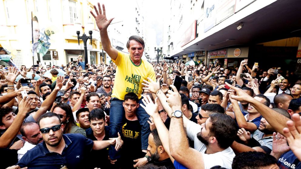 PHOTO: Presidential candidate Jair Bolsonaro is taken on the shoulders of a supporter moments before being stabbed during a campaign rally in Juiz de Fora, Brazil, Sept. 6, 2018.