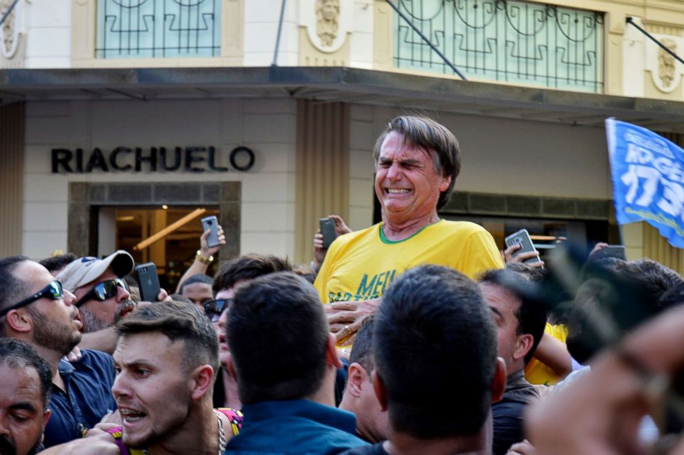 PHOTO: Presidential candidate Jair Bolsonaro grimaces right after being stabbed in the stomach during a campaign rally in Juiz de Fora, Brazil, Sept. 6, 2018.