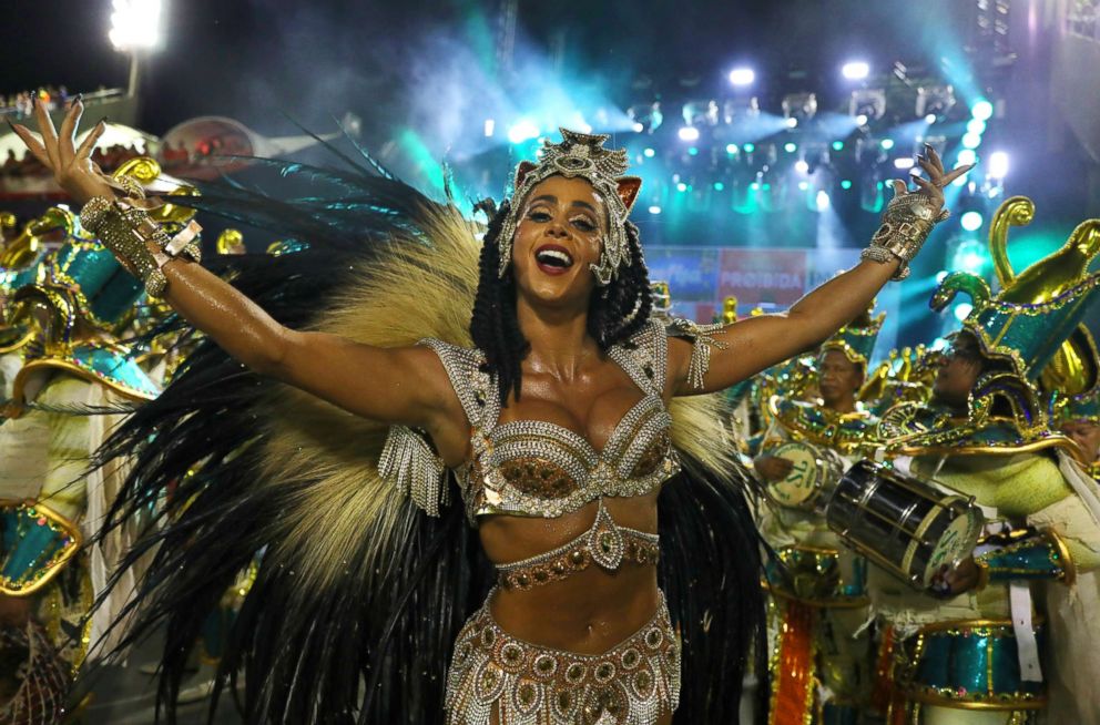 PHOTO: Drum queen Flavia Lyra from Imperatriz samba school performs during the second night of the Carnival parade at the Sambadrome in Rio de Janeiro, Brazil, Feb. 13, 2018.