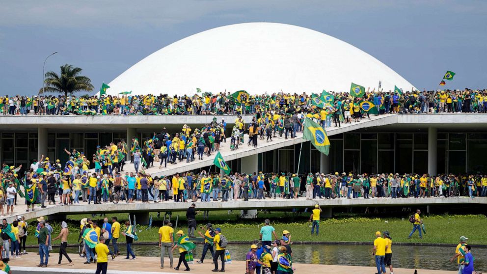 PHOTO: Protesters, supporters of Brazil's former President Jair Bolsonaro, storm the the National Congress building in Brasilia, Brazil, Jan. 8, 2023.