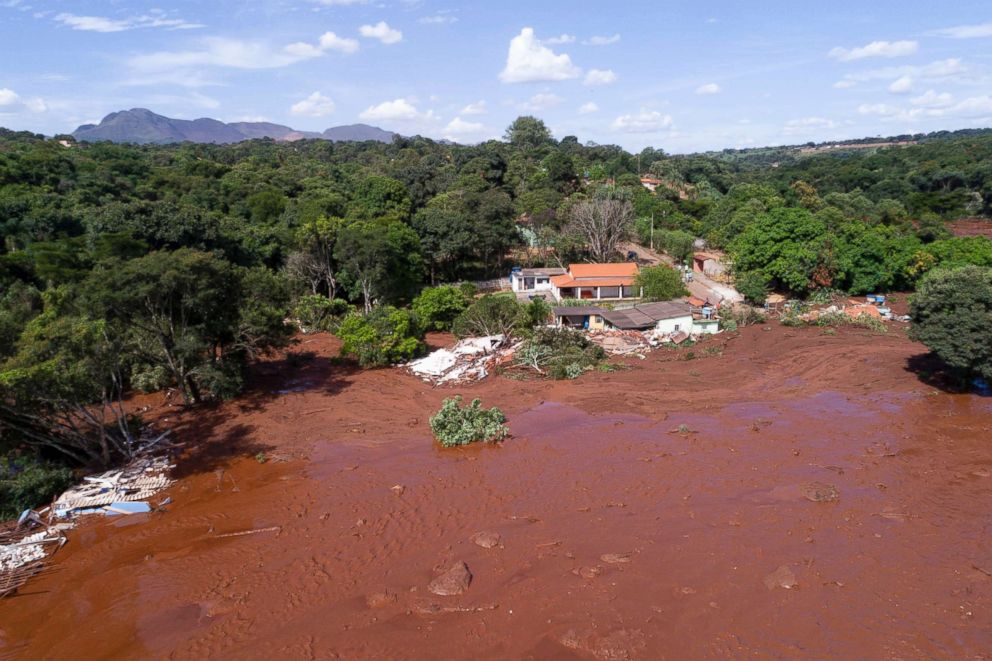  An aerial view shows flooding triggered by a collapsed dam near Brumadinho, Brazil, Jan. 25, 2019. 
							