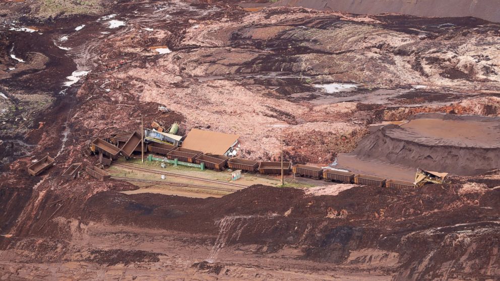  An aerial view shows destroyed vehicles and wagons after a dam collapsed in Brumadinho, Brazil, Saturday, Jan. 26, 2019. 
							