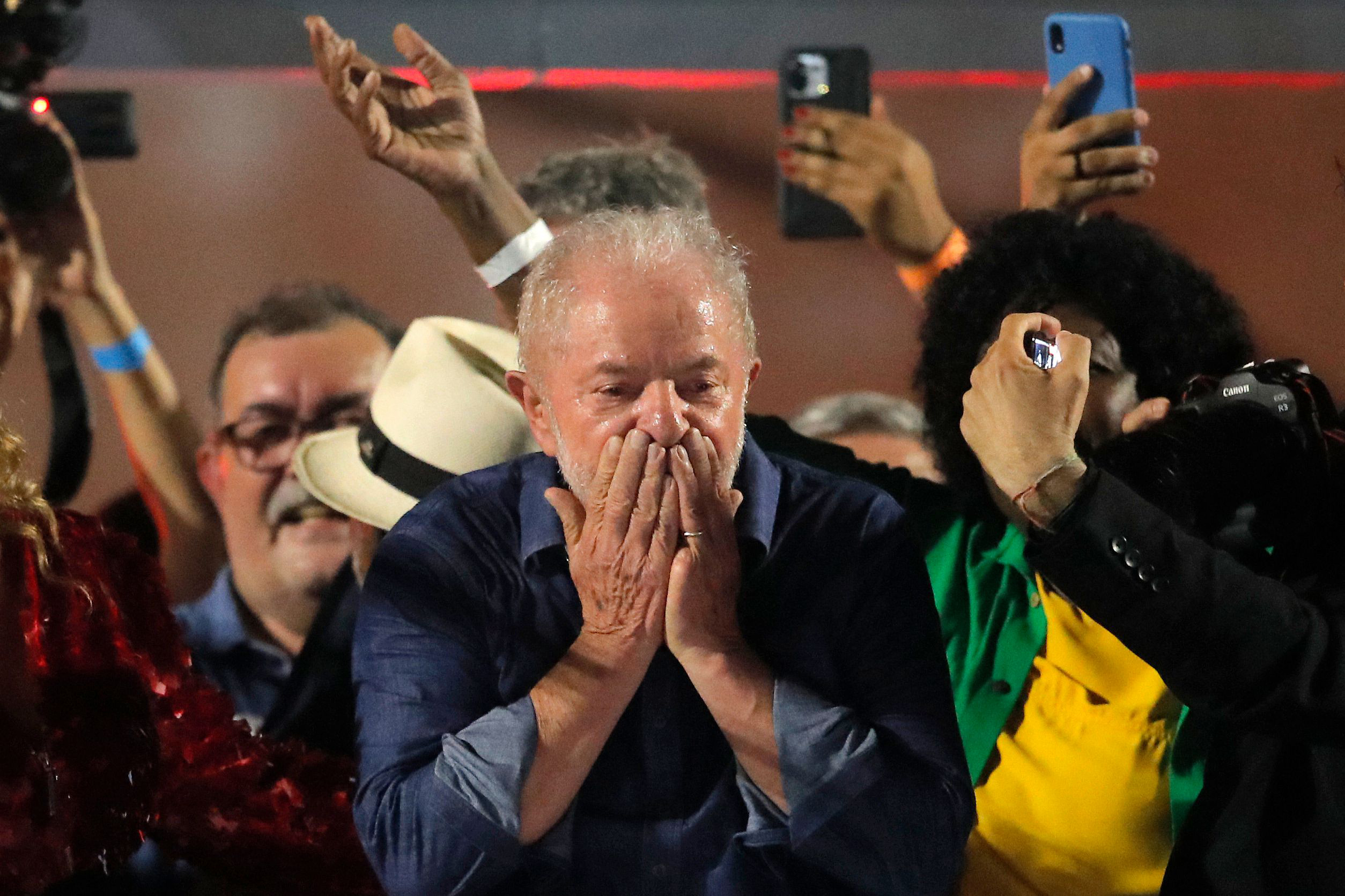 PHOTO: Brazilian president-elect Luiz Inacio Lula da Silva greets supporters at the Paulista avenue after winning the presidential run-off election, in Sao Paulo, Oct. 30, 2022.