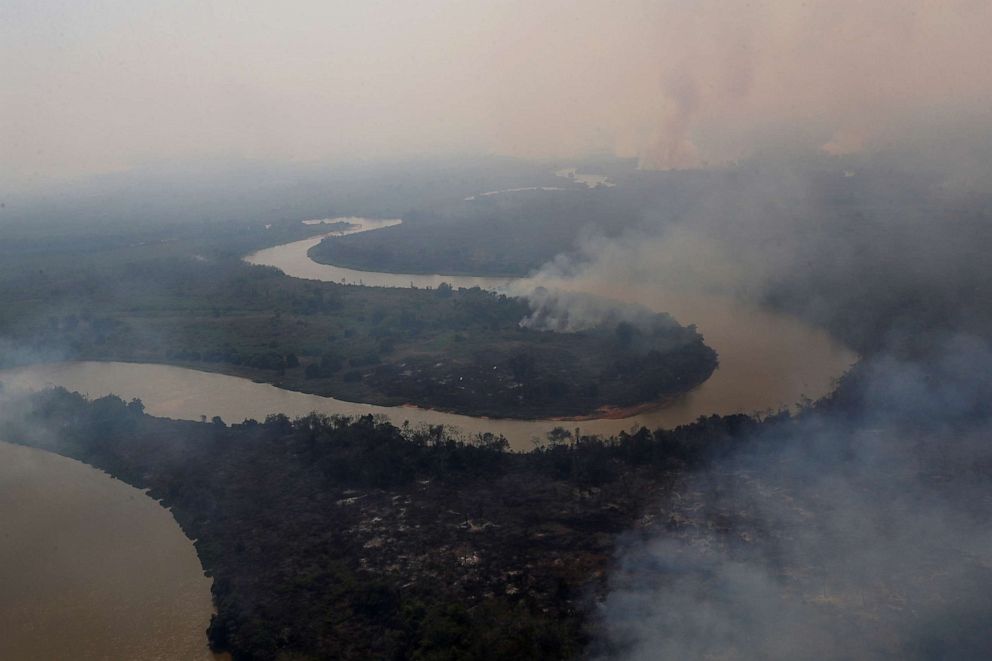 PHOTO: An aerial view shows smoke rising into the air around the Cuiaba river in the Pantanal, the world's largest wetland, in Pocone, Mato Grosso state, Brazil, Aug. 28, 2020.