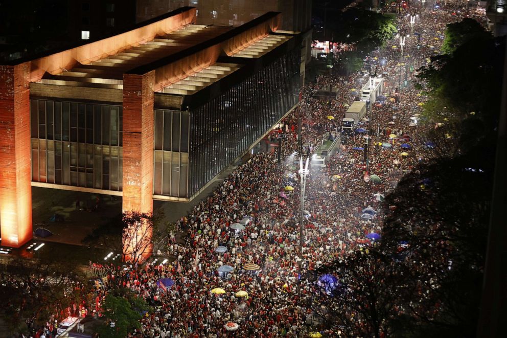 PHOTO: Thousands of supporters of the Brazilian presidential candidate Luiz Inacio Lula da Silva celebrate the results of the second round of presidential elections, at the Paulista Avenue in Sao Paulo, Oct. 30, 2022.