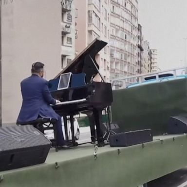 He played from a piano set up in the bed of an open truck, as the coronavirus lockdown in the country continues.