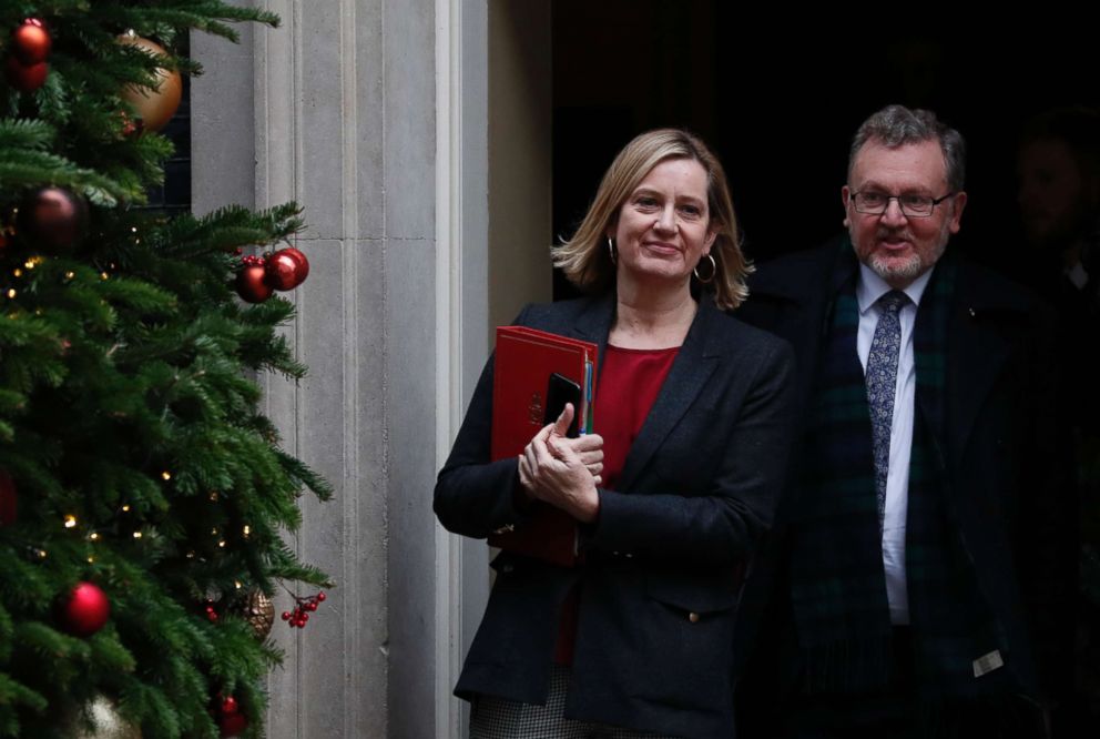 PHOTO: Amber Rudd the Secretary of State for Work and Pensions with David Mundell Secretary of State for Scotland leave following a cabinet meeting at 10 Downing Street, in London, Dec. 18, 2018.