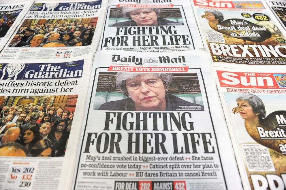 PHOTO: An arrangement of daily newspapers photographed in London on Jan. 16, 2019 shows front pages reporting on the UK parliament's rejection of the government's Brexit deal.
