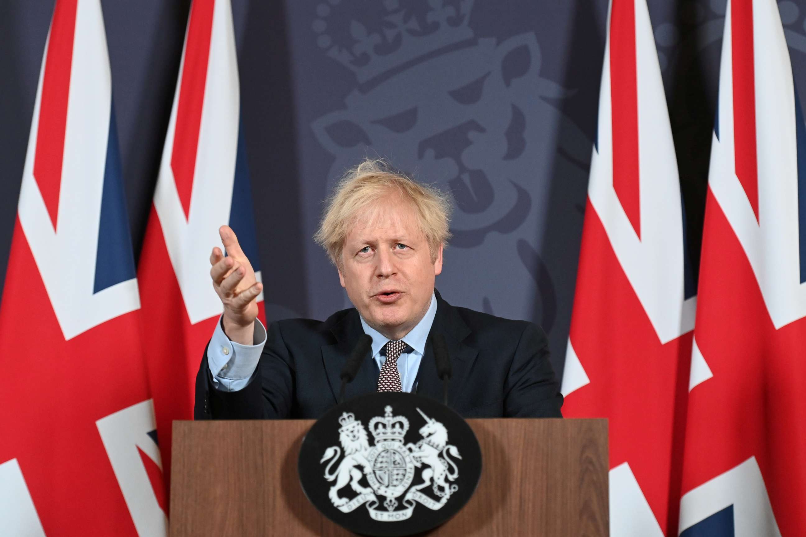 PHOTO: British Prime Minister Boris Johnson holds a news conference in Downing Street on the outcome of the Brexit negotiations, in London, Dec. 24, 2020.