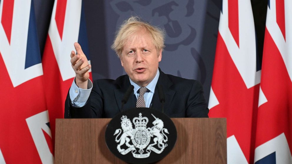 PHOTO: British Prime Minister Boris Johnson holds a news conference in Downing Street on the outcome of the Brexit negotiations, in London, Dec. 24, 2020.