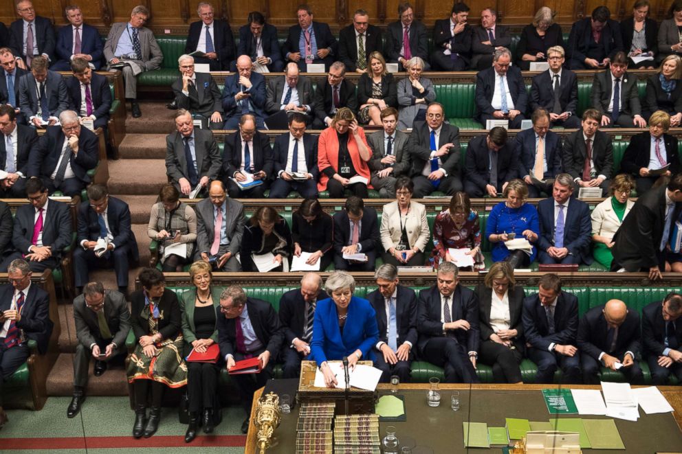 PHOTO: Britain's Prime Minister Theresa May talks during a debate before a no-confidence vote raised by opposition Labour Party leader Jeremy Corbyn, in the House of Commons, London, Jan. 16, 2019.