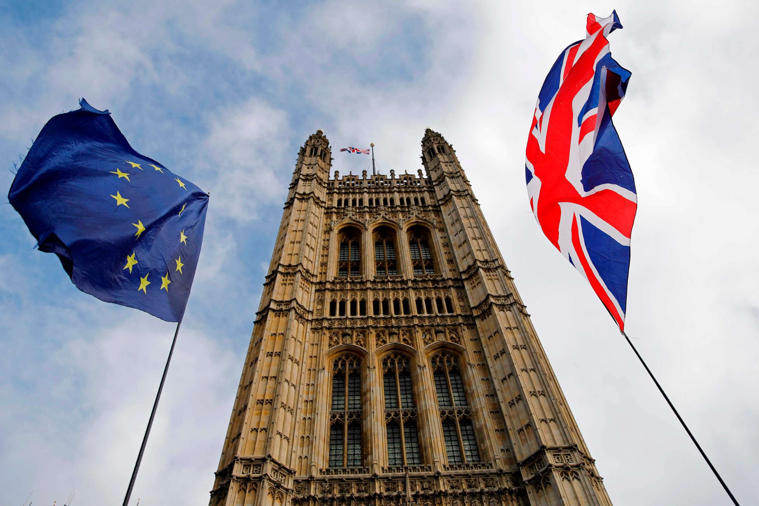 PHOTO: EU and Union flags flutter in the breeze in front of the Victoria Tower, part of the Palace of Westminster in central London, Oct. 17, 2019.