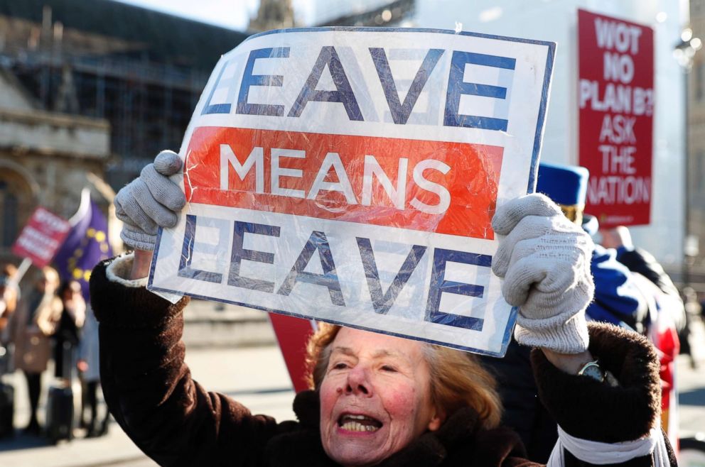 PHOTO: Brexit supports and protesters demonstrate outside the Houses of Parliament in London, Monday, Jan. 28, 2019.