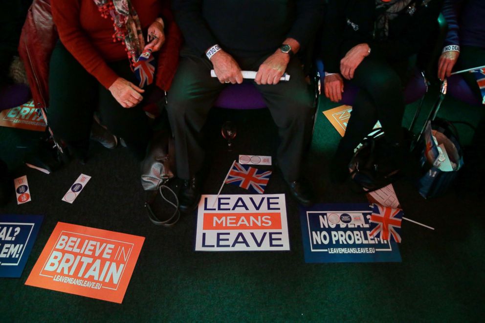 PHOTO: A picture shows Union flags, stickers and banners with slogans as campaign materials at a political rally organised by the pro-Brexit Leave Means Leave group in central London on Dec. 14, 2018.