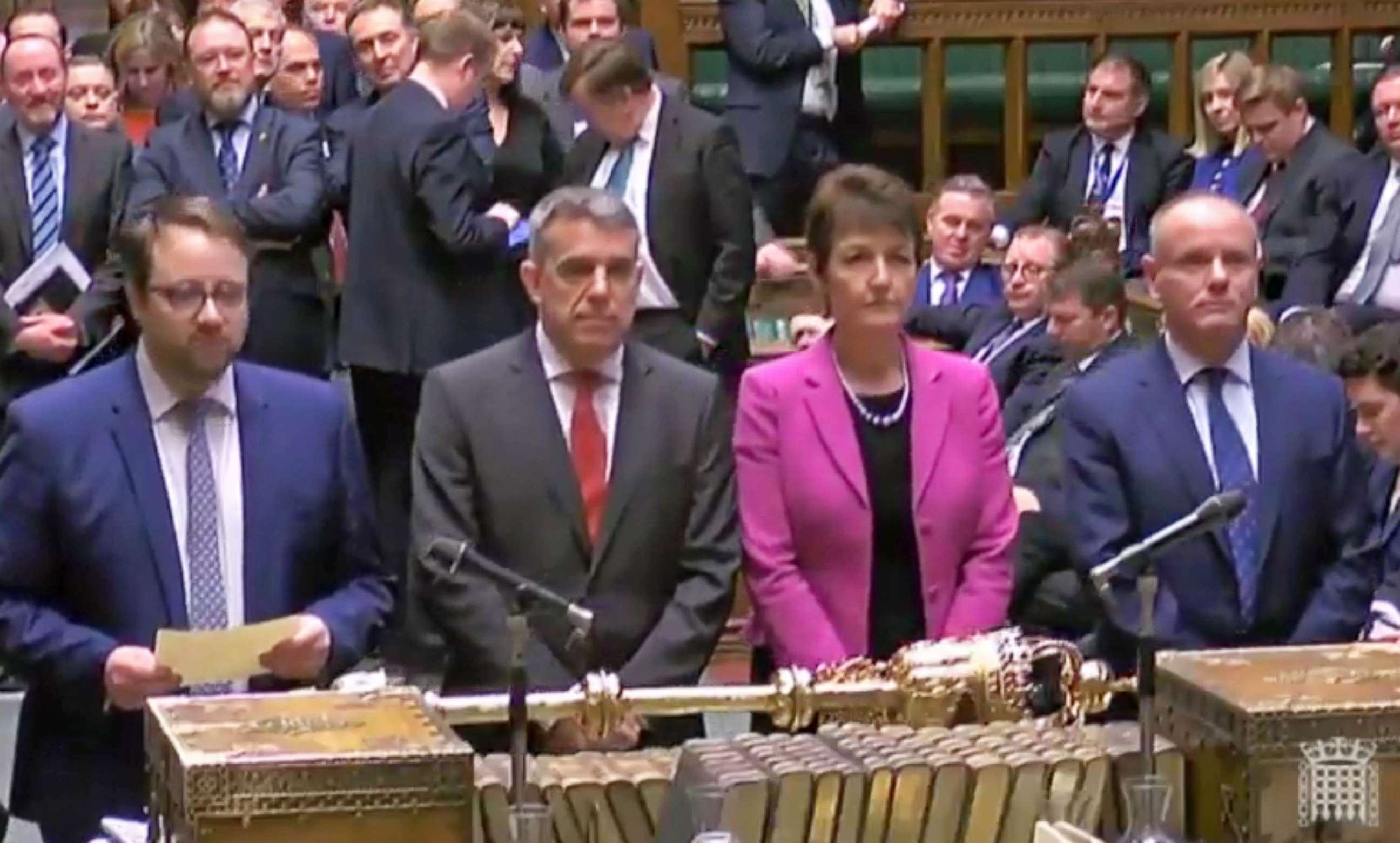 PHOTO: A grab from a handout video shows the four tellers announcing the result of the business motion to the Speaker of the House in the British House of Commons at Westminster, London, March 27, 2019.