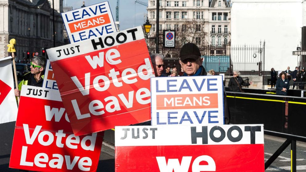 Pro-Brexit supporters protest outside the Houses of Parliament in London as they campaign for a no deal Brexit and swift departure from the EU on the World Trade Organisation (WTO) rules on Feb. 13, 2019.