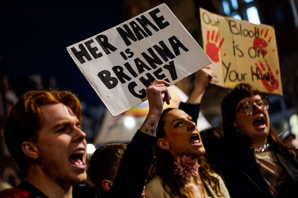 PHOTO: People hold placards as they shout slogans during a vigil, in London, on Feb. 15, 2023, in tribute of 16-year-old transgender teen, Brianna Ghey, who was stabbed to death.