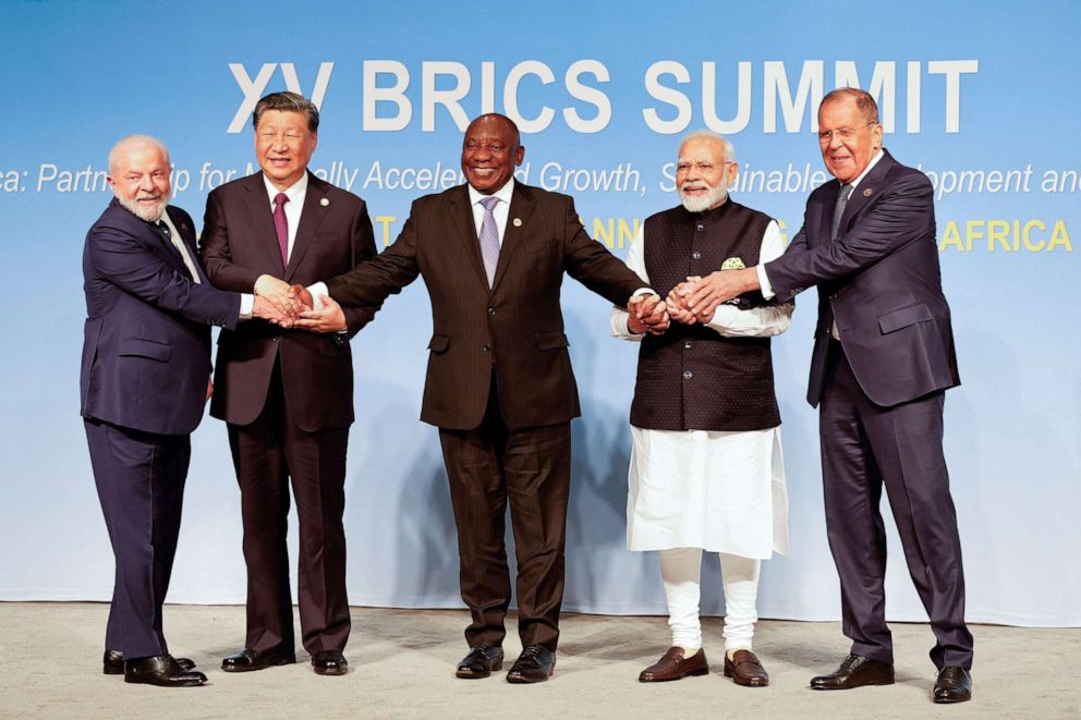 PHOTO: President of Brazil Luiz Inacio Lula da Silva, President of China Xi Jinping, South African President Cyril Ramaphosa, Prime Minister of India Narendra Modi and Russia's Foreign Minister Sergei Lavrov pose in Johannesburg on August 23, 2023.