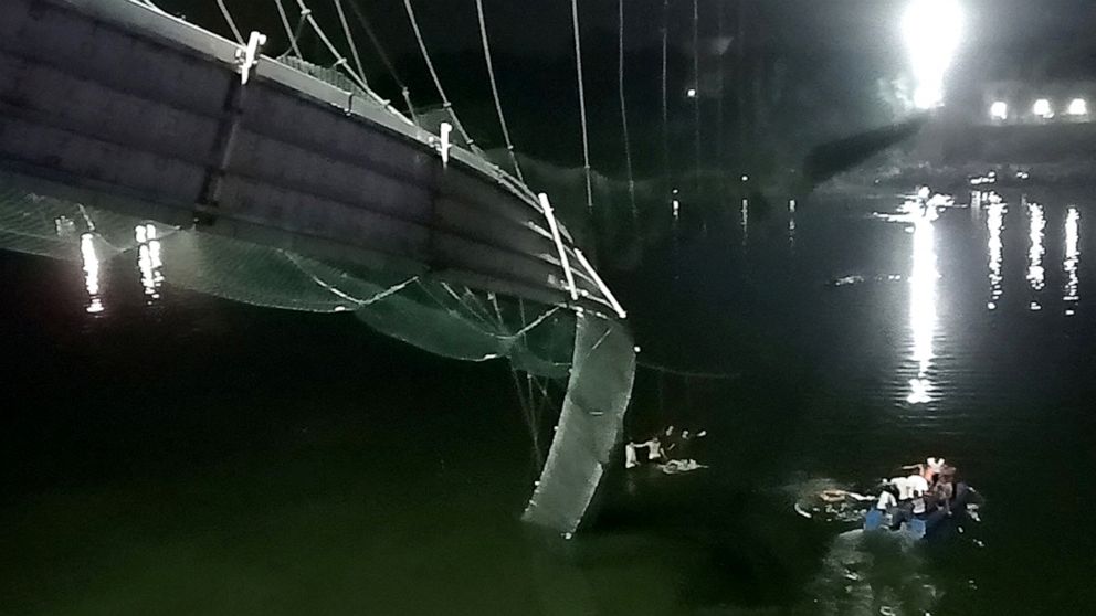 PHOTO: Damaged part of a suspension bridge after it collapsed in the western state of Gujarat, India, Oct. 30, 2022.