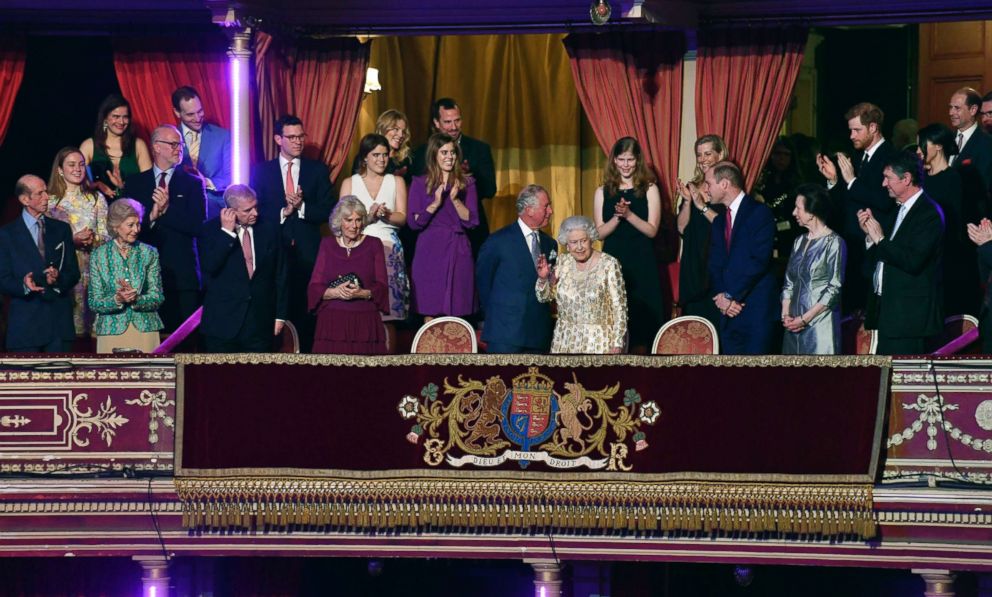 PHOTO: Britain's Queen Elizabeth II, surrounded by members of the royal family, takes her seat at the Royal Albert Hall in London, April 21, 2018, for a concert to celebrate her 92nd birthday.