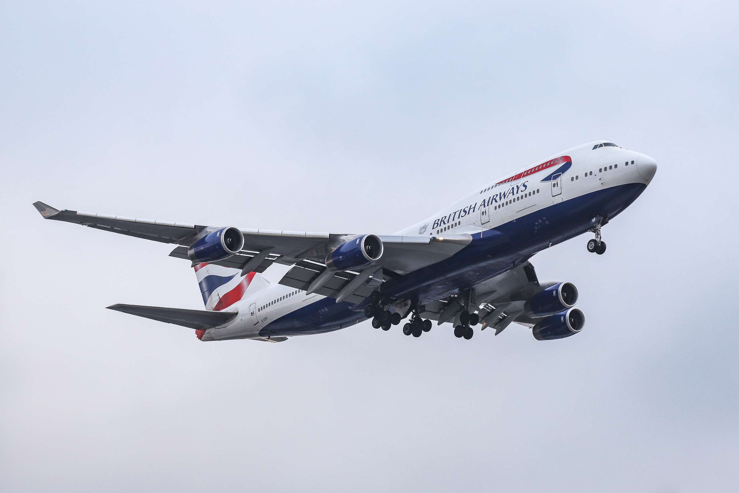 PHOTO: A British Airways Boeing 747-400 airplane lands at Heathrow International Airport in London, August, 2 2019.