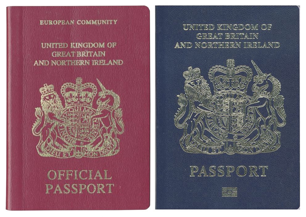PHOTO: A combination image shows a burgundy and a blue United Kingdom passport, Dec. 22, 2017. After Britain leaves the European Union, the passport deign will return to blue.