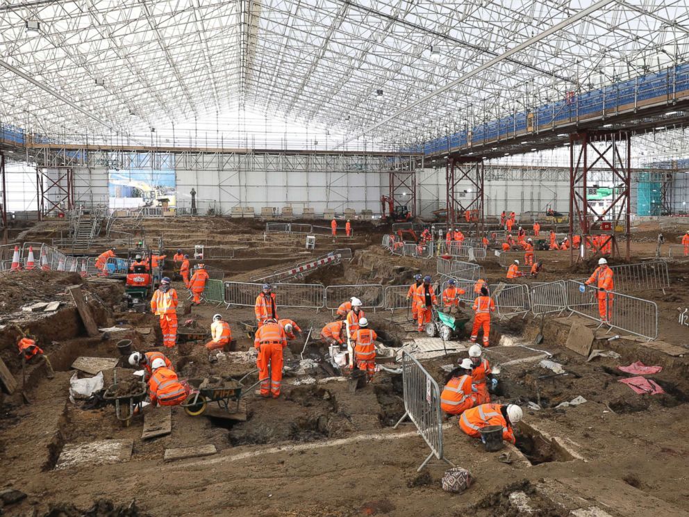 PHOTO:  An image taken on Jan. 18, 2019 and issued by HS2 showing a general view of the archaeological excavation and research works at St James's Gardens in Euston, London.