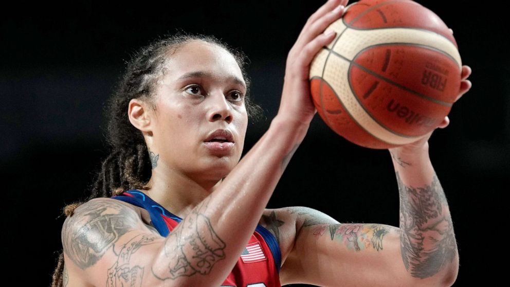 PHOTO: In this July 27, 2021, file photo, United States' Brittney Griner shoots during a preliminary round women's basketball game against Nigeria at the 2020 Summer Olympics, in Saitama, Japan.
