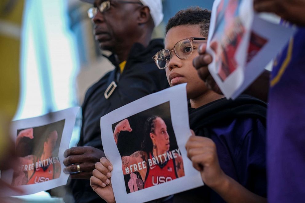 PHOTO: People hold pictures of WNBA star Brittney Griner during a press conference calling for the humanitarian release of Griner, who is being held in custody by the Russian government, in Los Angles, March 14, 2022.