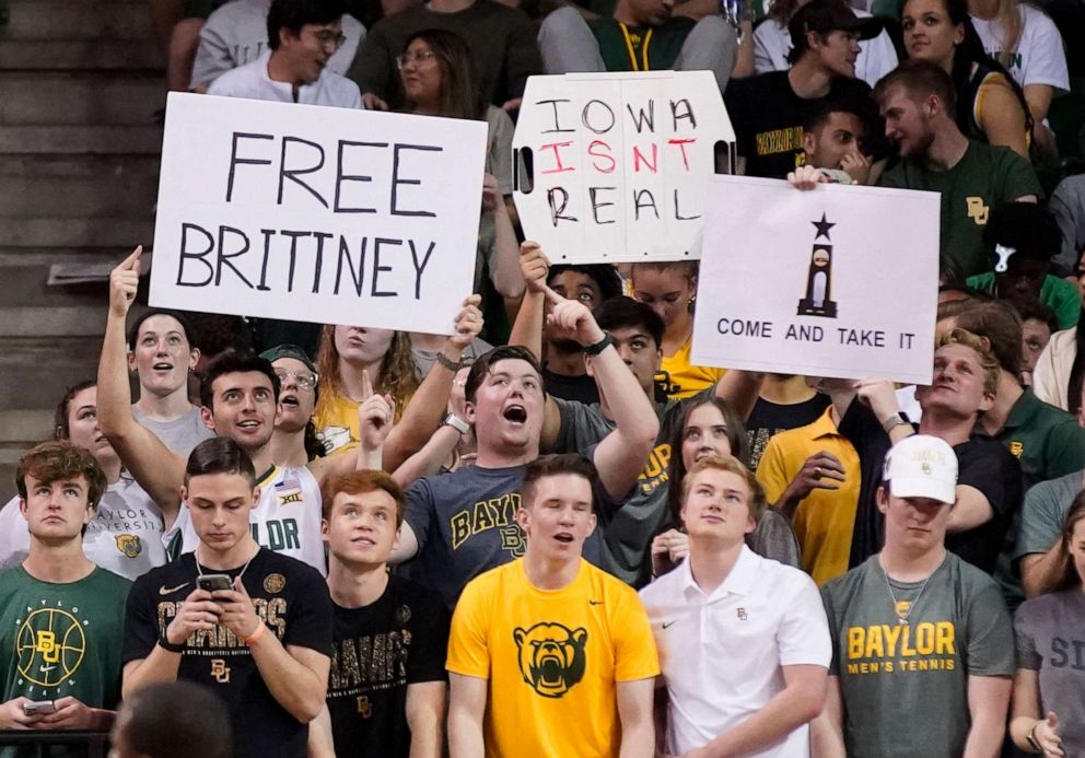 PHOTO: The Baylor Student section hold ups a "Free Brittney" sign for Brittney Griner as she is currently being detained in Russia, during the first half of a game against the Iowa State Cyclones at Ferrell Center, in Waco, Texas, on March 5, 2022.