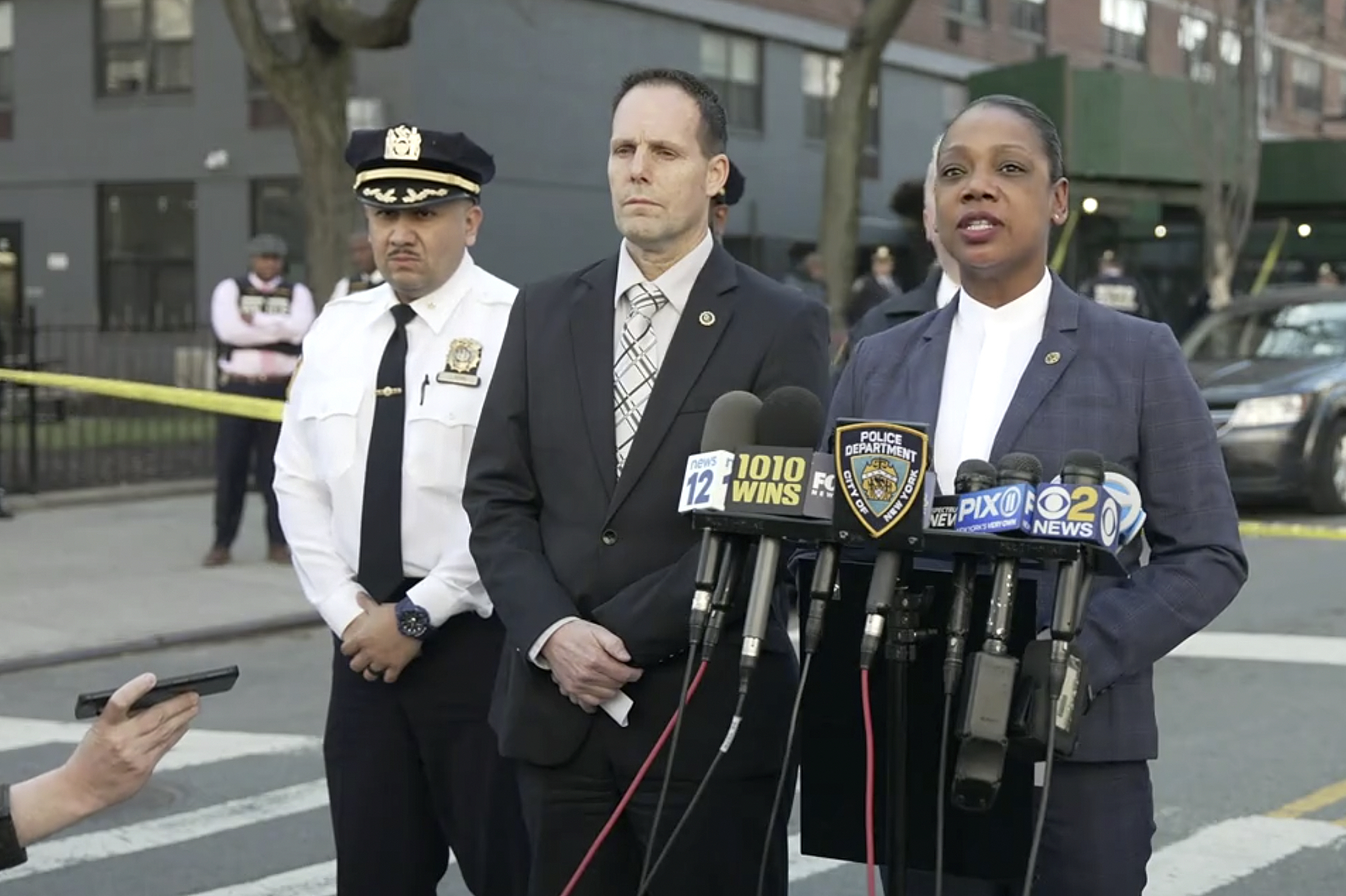 PHOTO: New York Police Commissioner Keechant Sewel speaks during a news conference, Friday, April 8, 2022, in New York. A teenage girl was killed and two other teens wounded in a shooting near a Bronx school.