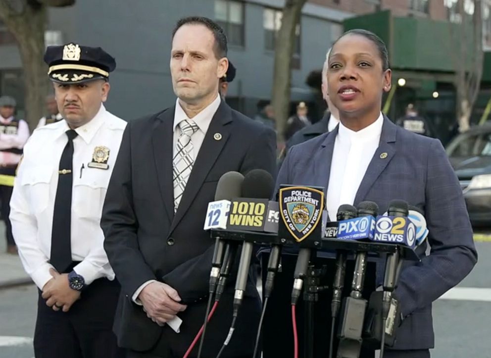 PHOTO: New York Police Commissioner Keechant Sewel speaks during a news conference, Friday, April 8, 2022, in New York. A teenage girl was killed and two other teens wounded in a shooting near a Bronx school.